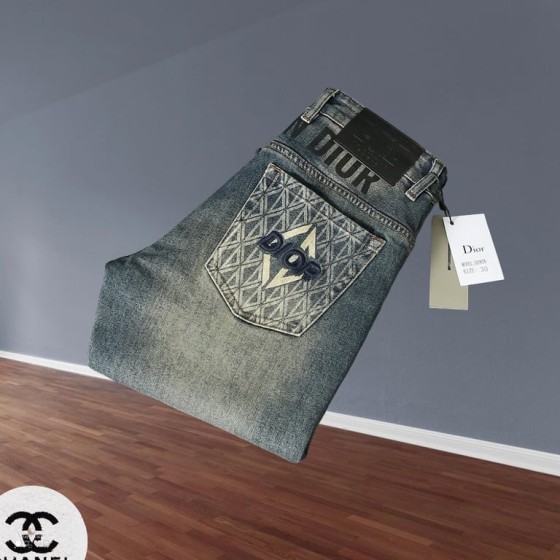 Dior Light Wash Denim Jeans with Geometric Pattern and Logo